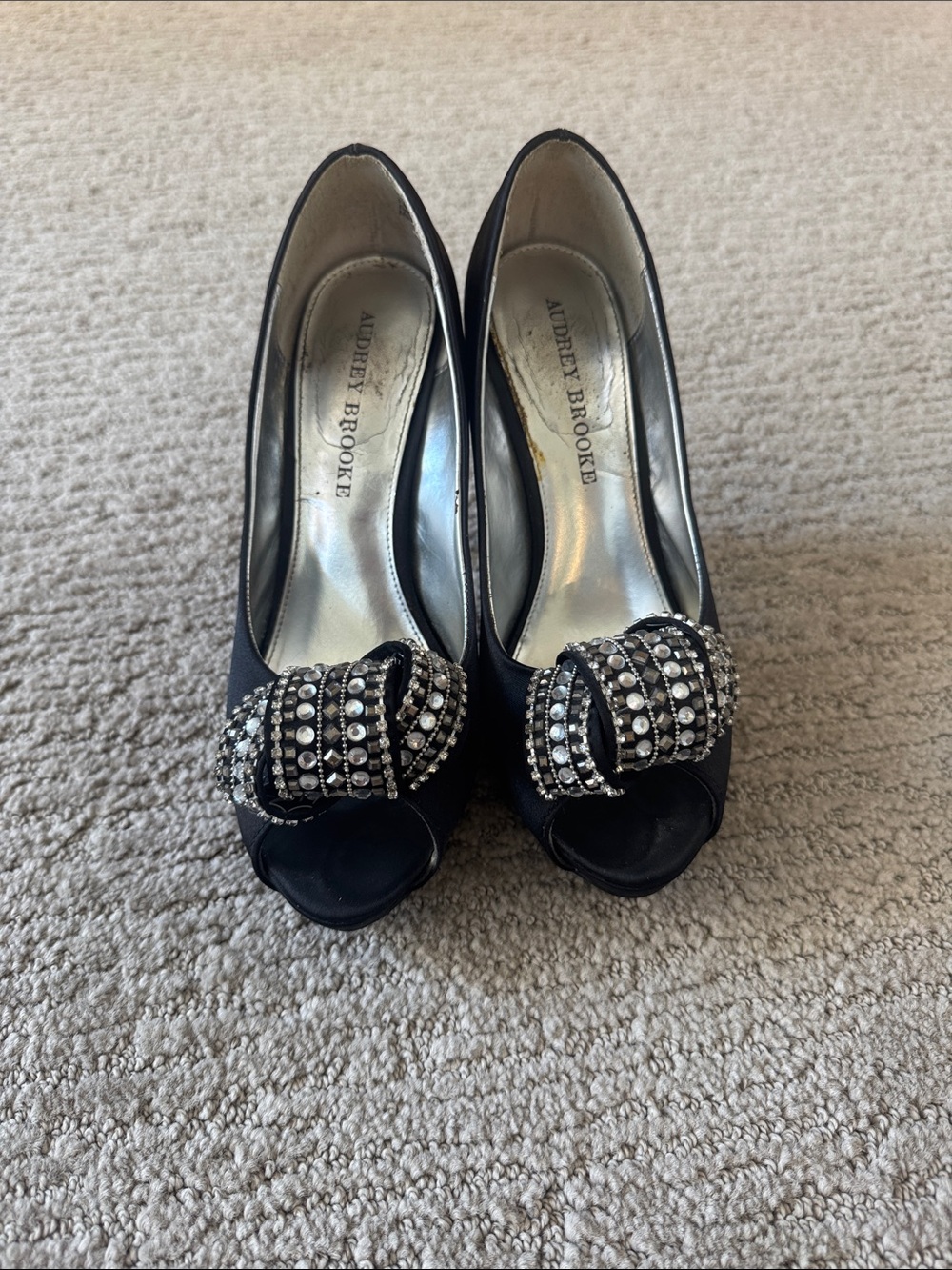 Audrey Brooke Black Satin Peep-Toe Heels with Crystal Bow